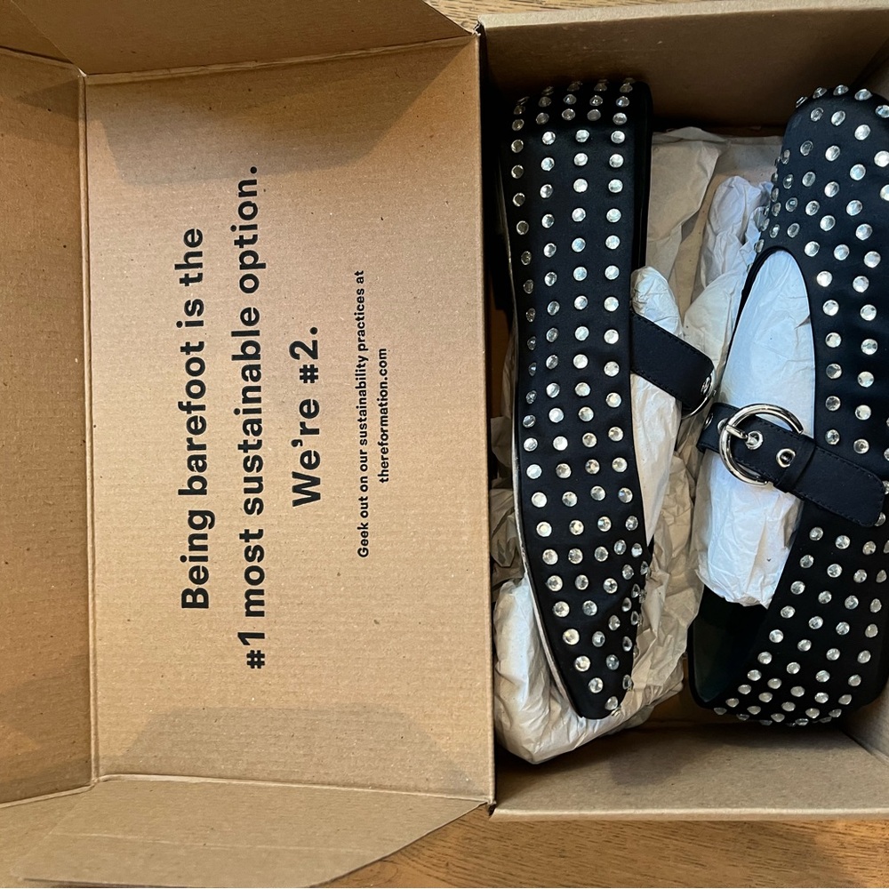 Reformation Black Satin and Rhinestone Studded Bethany Ballet Flats 9.5